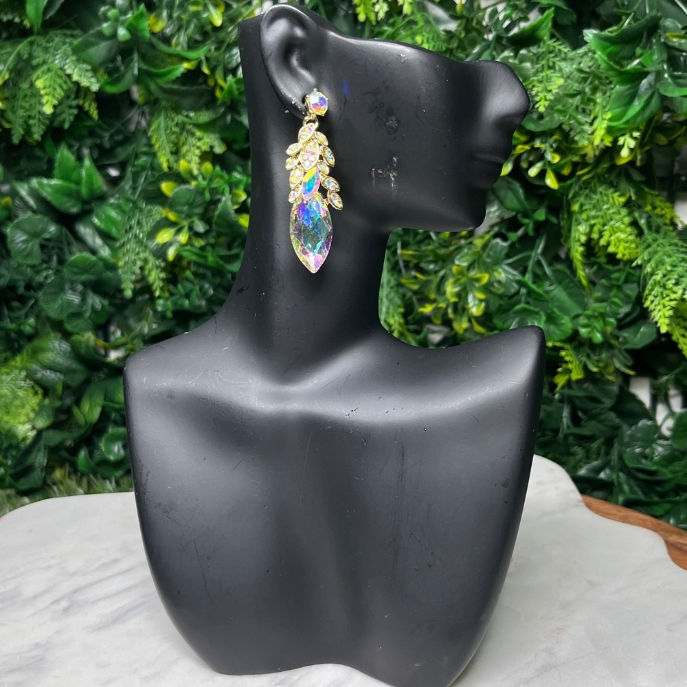 Aurora Borealis Crystal Leaf Drop Statement‎ Earrings Gold Tone Formal 4122